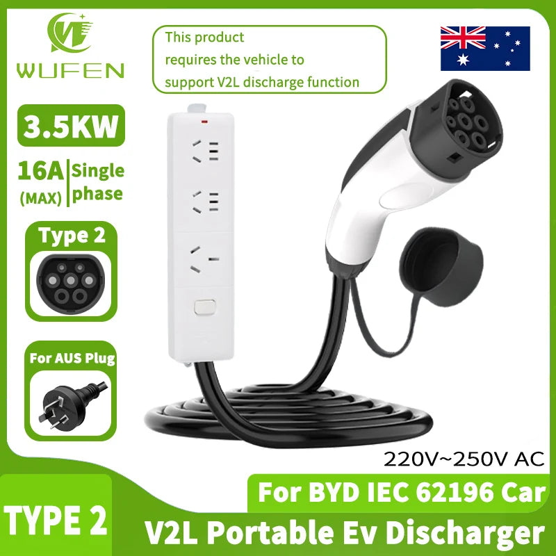 WUFEN AUS Exclusive Electric Car Type2 Discharger V2L Adapter Cable 16A 3.5kw 220v V2H EV Discharger For IEC 62196 Type BYD Cars