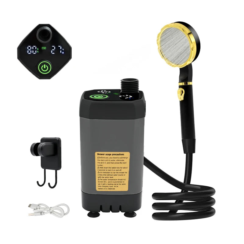 Portable Camping Shower Kit – 6000mAh USB Rechargeable