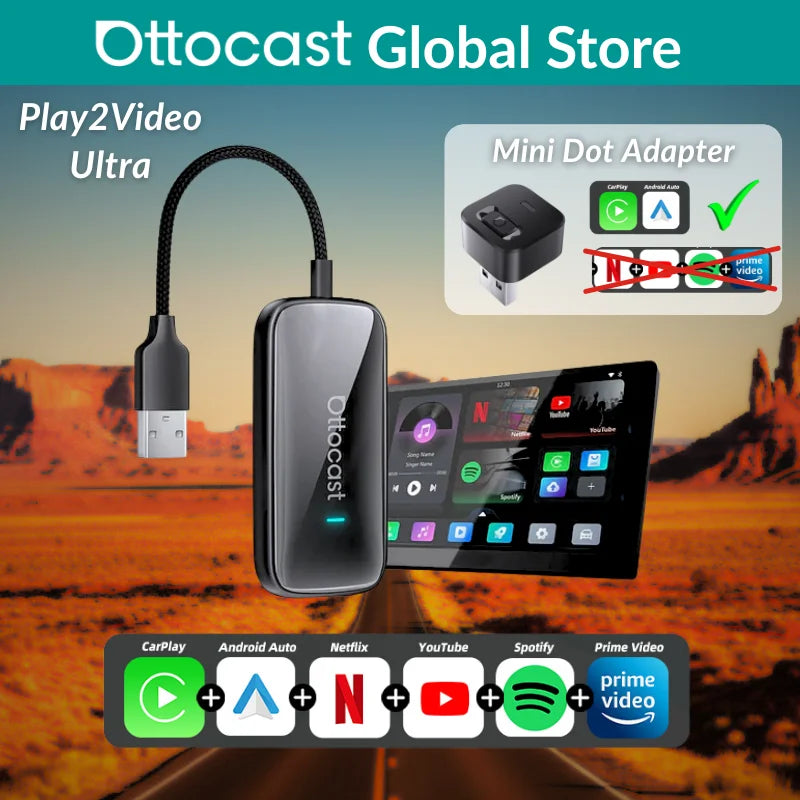 Ottocast Play2Video Ultra device with mini dot adapter on a desert background